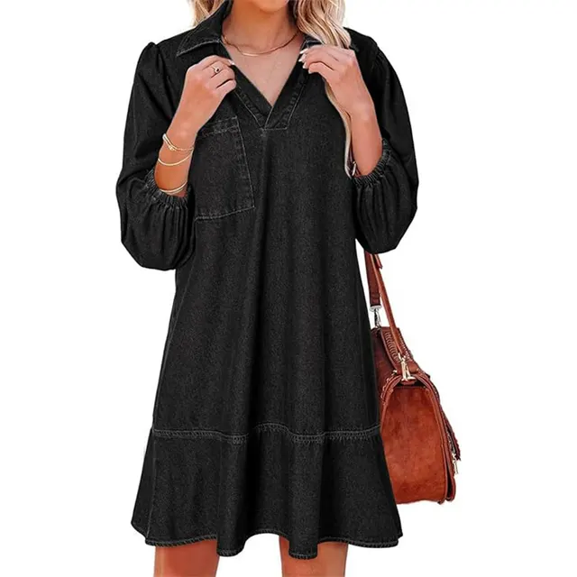 Casual Little girl Style Clothes V neck Cropped Puff Sleeve Denim Dress Black - Shop at LoveMi