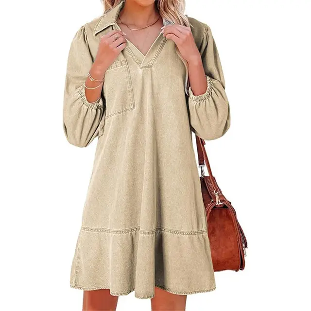 Casual Little girl Style Clothes V neck Cropped Puff Sleeve Denim Dress Khaki - Shop at LoveMi