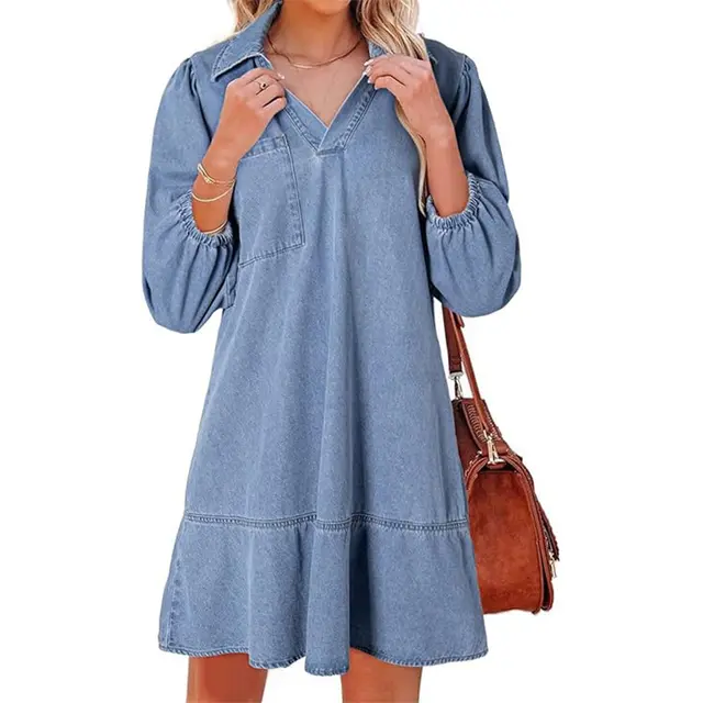 Casual Little girl Style Clothes V neck Cropped Puff Sleeve Denim Dress Light Blue - Shop at LoveMi