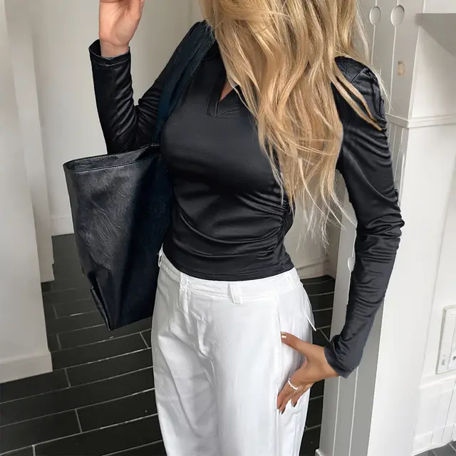 Solid Color Long Sleeve Shirt T shirt Women Black - Shop at LoveMi