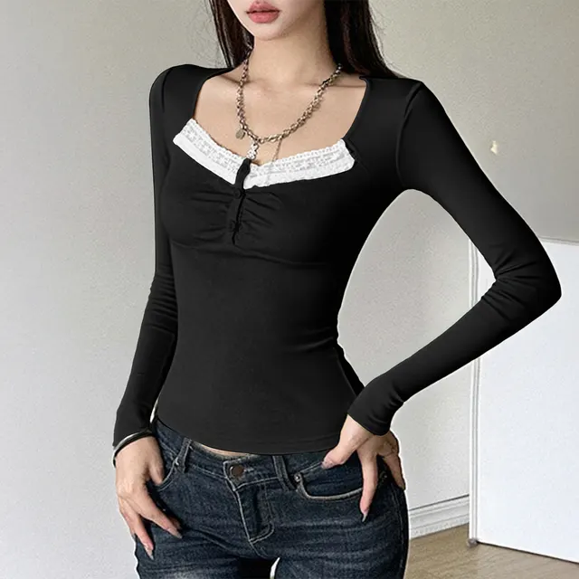 Women's Lace Long sleeved Bottoming Shirt T shirt Black - Shop at LoveMi