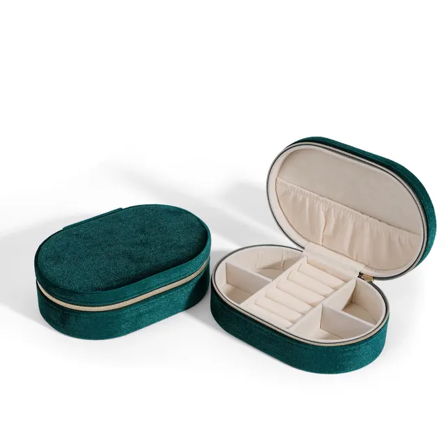 Cross Border Oval Velvet Jewelry Storage Box Portable Dark Green - Shop at LoveMi