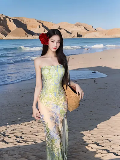 Seaside Holiday Slit Slim fitting Twisted Tube Top Dress Gorgeous Flowers - Shop at LoveMi