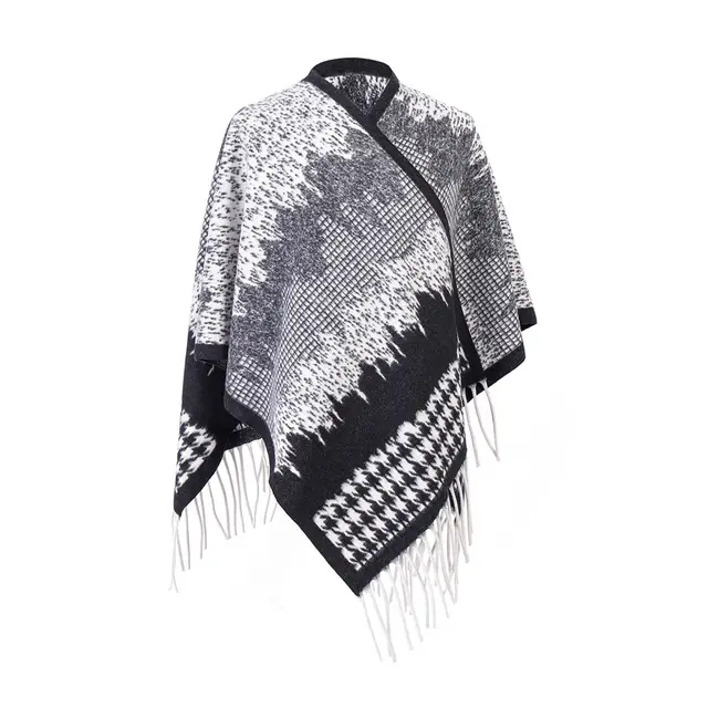 Wool Cloak Black And White Houndstooth Tassel Shawl Wool Houndstooth - Shop at LoveMi