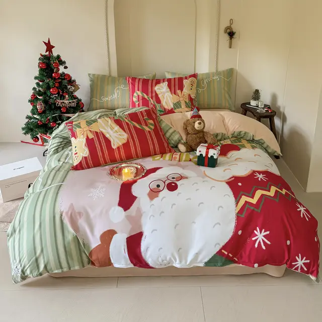 Christmas Style Super Soft Washed Cotton Printed Four piece Bedding Set White Beard Gift Red - Shop at LoveMi
