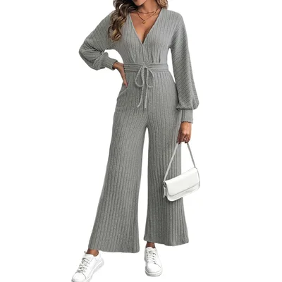 V neck Lace up Batwing Sleeve Solid Color Wide Leg Jumpsuit Gray - Shop at LoveMi