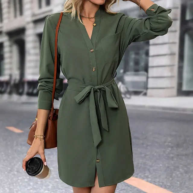 Fashion Casual Long Sleeve Dress Army Green - Shop at LoveMi