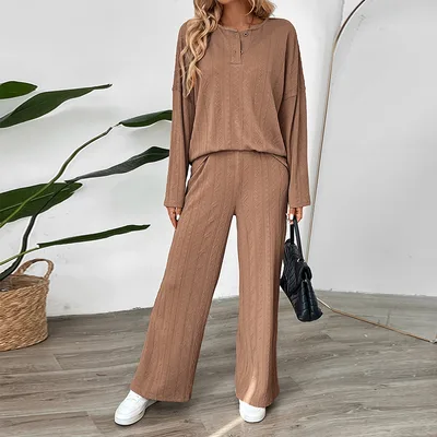 Casual Buckle Texture Fabric Solid Color Wide leg Pants Suit Coffee Brown - Shop at LoveMi