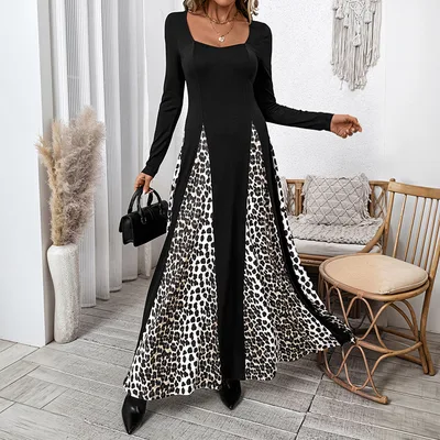 Elegant Retro Style Square Collar Long Sleeve Leopard Splicing Dress Black - Shop at LoveMi