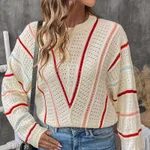 Asian Knitwear V-stripe Pattern Hollow Out Sweater - Apricot