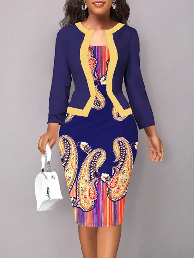 Printed Slim Fit Casual Plus Size Dress Dark Blue - Shop at LoveMi