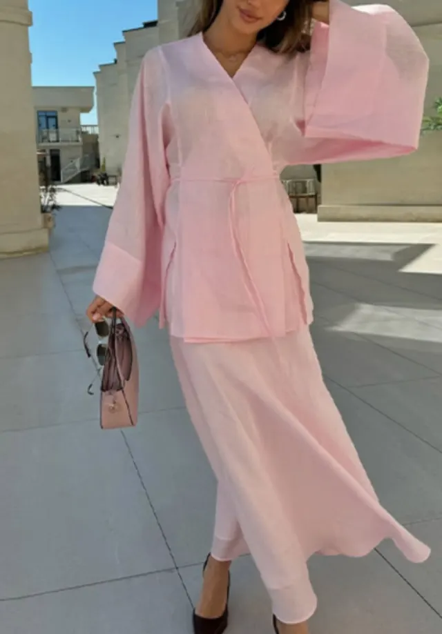 Women's Solid Color Lace Up Long Sleeved Skirt Set Pink - Shop at LoveMi