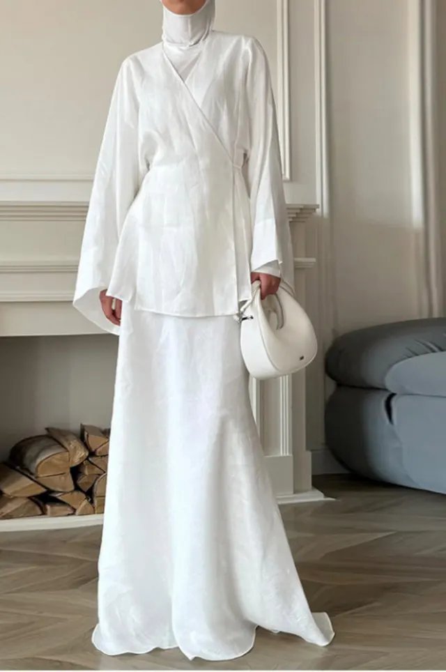 Women's Solid Color Lace Up Long Sleeved Skirt Set White - Shop at LoveMi