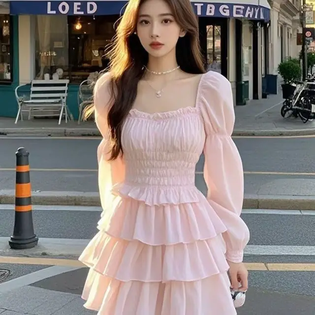 Sweet Gentle Square Collar Fungus Pure Desire Slimming Dress Pink - Shop at LoveMi