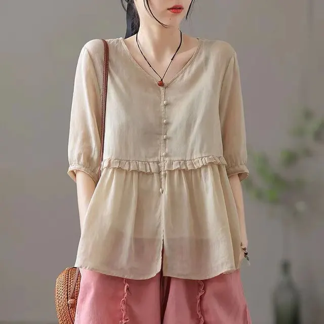 Loose V neck Half Sleeve Cotton Linen Shirt Apricot - Shop at LoveMi