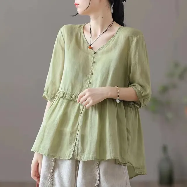 Loose V neck Half Sleeve Cotton Linen Shirt Green - Shop at LoveMi