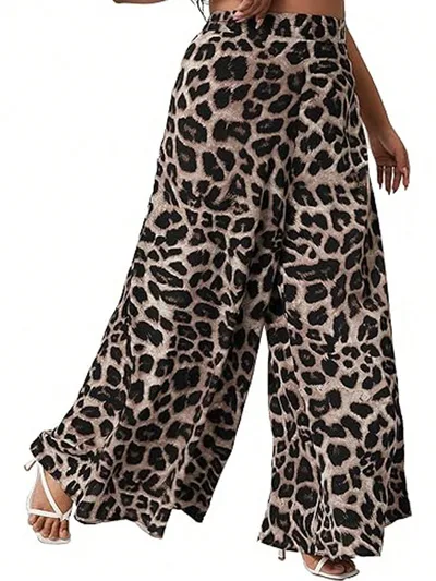 Trendy Leopard Print Plus Size Casual Loose Wide leg Pants Coffee - Shop at LoveMi