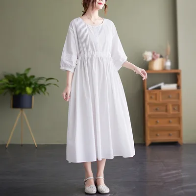 Solid Color Breathable Waist Tied Rope Large Swing Dress White - Shop at LoveMi