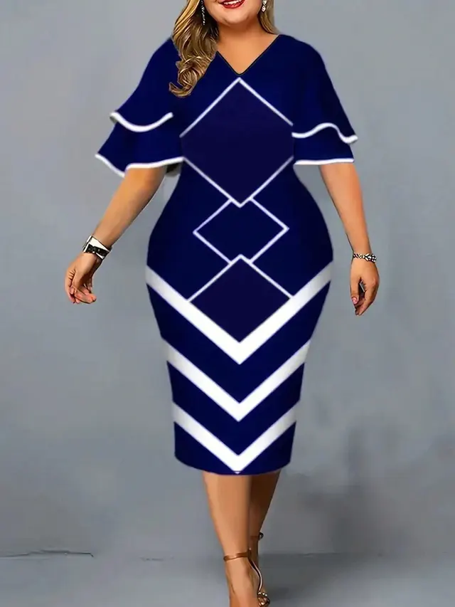 Printed Fashionable Elegant Slim fit Sheath Plus Size Dress Blue - Shop at LoveMi