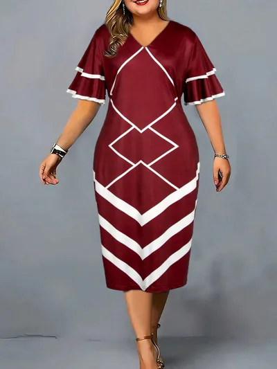 Printed Fashionable Elegant Slim fit Sheath Plus Size Dress Wine Red - Shop at LoveMi