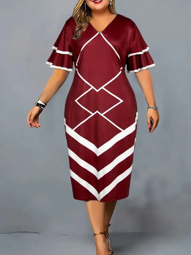 Printed Fashionable Elegant Slim fit Sheath Plus Size Dress Wine Red - Shop at LoveMi
