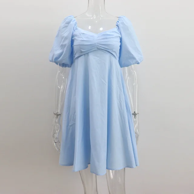 Women's Summer Puff Sleeve High Waist Dress European And American Style Light Blue - Shop at LoveMi