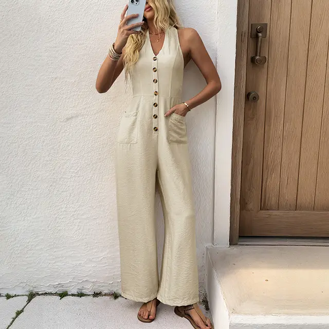 All matching Simple And Thin Halter Solid Color Wide leg Jumpsuit Khaki - Shop at LoveMi