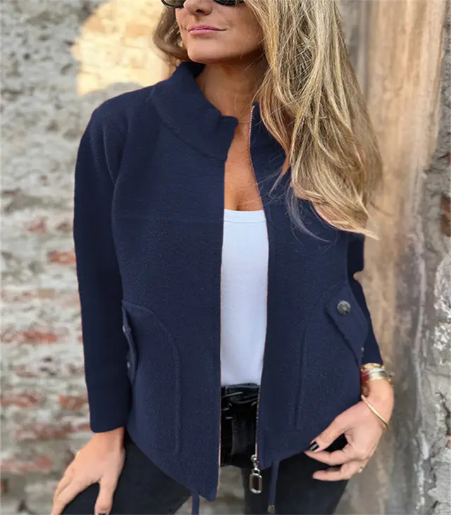 Woolen Lapel Tether Faux Pocket Suit Jacket Navy Blue - Shop at LoveMi