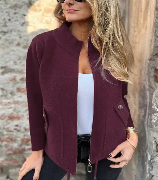 Woolen Lapel Tether Faux Pocket Suit Jacket Purplish Red - Shop at LoveMi