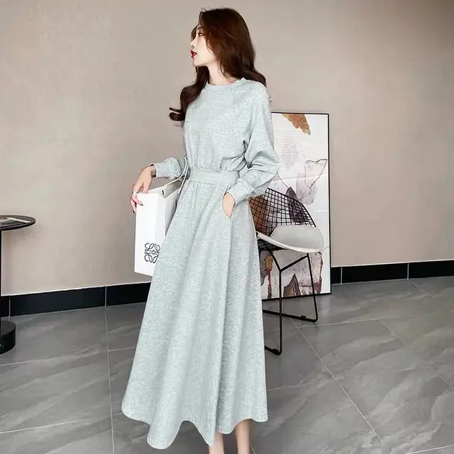 Korean Style Temperament Long Sleeve Plus Size Dress Women's Fashion Gray - Shop at LoveMi