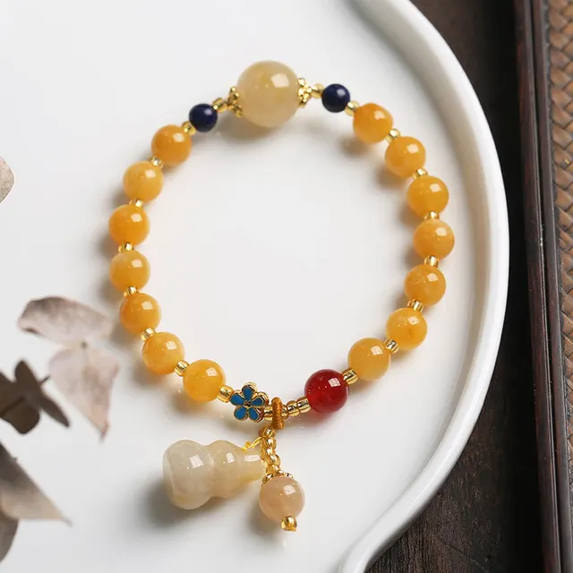 Natural Xinjiang Pumpkin Beads Bracelet Couple Retro Ethnic All Yellow Round Beads - Shop at LoveMi