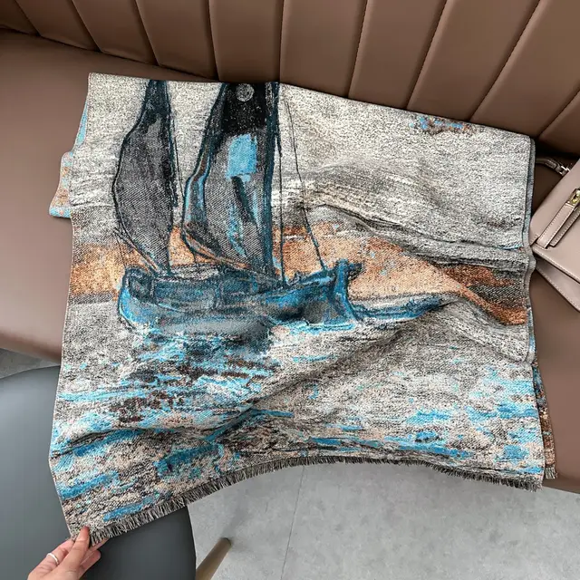 Winter Shawl Scarf Women's Oil Painting Sailing Shawl Gray Blue - Shop at LoveMi