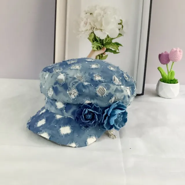 Fashion Flat Top Octagonal Cap Hole Denim All match Navy Hat Blue - Shop at LoveMi