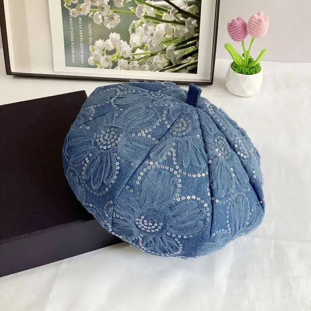 Mesh Sequins SUNFLOWER Decorative Washed Denim Octagonal Beret Dark Blue - Shop at LoveMi