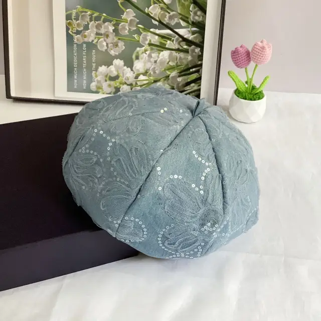 Mesh Sequins SUNFLOWER Decorative Washed Denim Octagonal Beret Light Blue - Shop at LoveMi