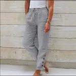 Elastic Waist Cotton Linen Straight Casual Button Trousers - Gray