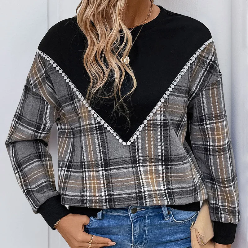 Women's Plaid Patchwork Round Neck Sweater Black - Shop at LoveMi