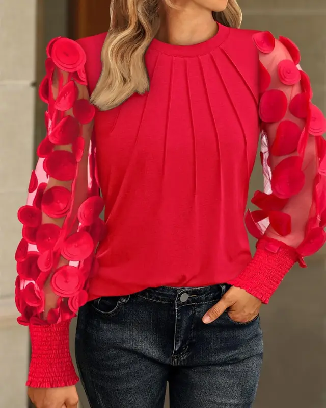 Long Sleeve Mesh Patchwork Round Neck Top T shirt Red - Shop at LoveMi