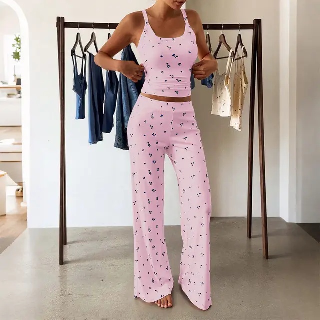 Strappy T shirt Floral Long Pants Suit Women Pink - Shop at LoveMi