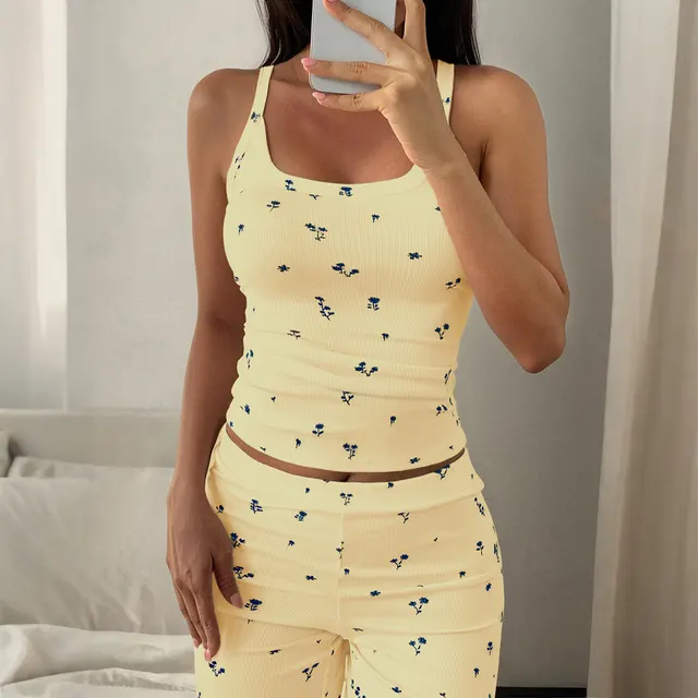 Strappy T shirt Floral Long Pants Suit Women Yellow - Shop at LoveMi