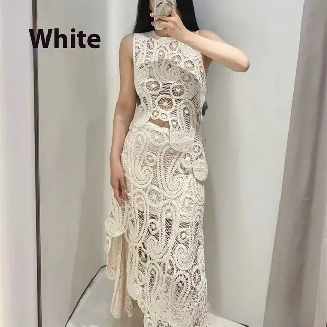 Fashion Round Neck Sleeveless Asymmetric Woven Hollowed Crochet Two piece Set White - Shop at LoveMi