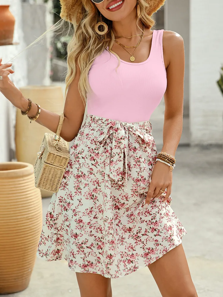Spring And Summer Elegant Contrast Colour Sleeveless Dress - Pink