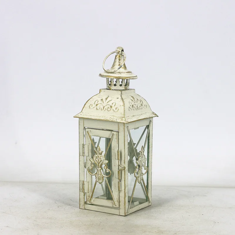 European Style Black White Wrought Iron Floor-standing Storm Lantern Tempered Glass Courtyard Decoration - White Gold Brush