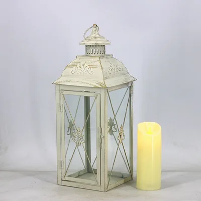 European Style Black White Wrought Iron Floor standing Storm Lantern Tempered Glass Courtyard Decoration White With Candles - Shop at LoveMi