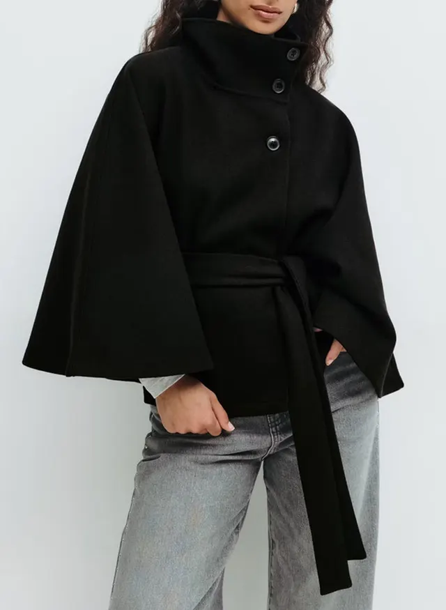Winter High Neck Batwing Sleeve Coat With Belt Fashion Loose Elegant Button Top Trench Coat For Women Clothing Black - Shop at LoveMi