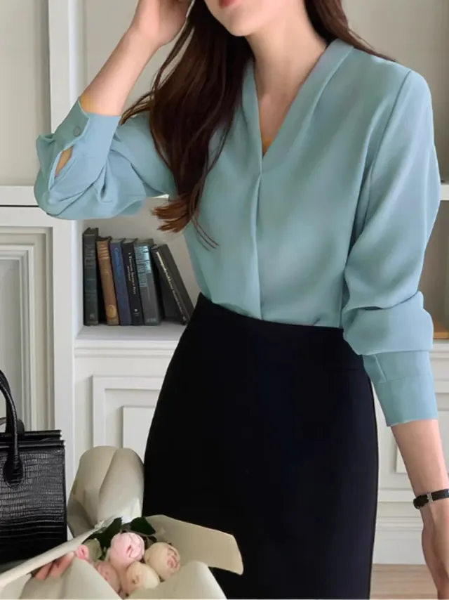 V neck Long Sleeve Loose Korean Style Summer Business Chiffon Blouse Women Peacock Green - Shop at LoveMi