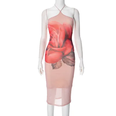 Slim fit Halter Off the shoulder Floral Print Length Dress Flesh Color - Shop at LoveMi