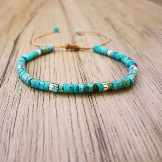 Natural Stone Flat Beads Bracelet Single Circle Malachite Blue Emperor Bracelet - Shop at LoveMi