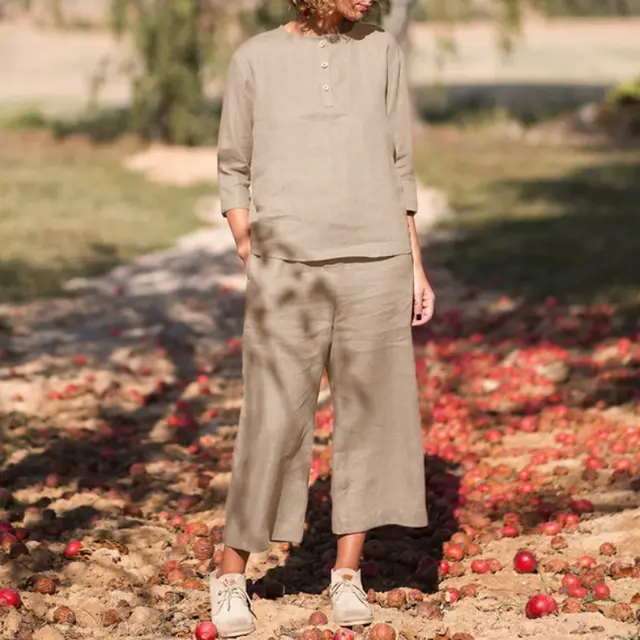 Women's Casual Half Sleeve Pure Color Cotton Round Neck Top Blouse And Pants Apricot - Shop at LoveMi