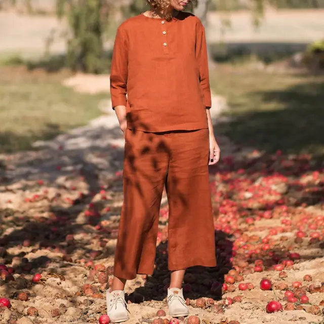 Women's Casual Half Sleeve Pure Color Cotton Round Neck Top Blouse And Pants Orange - Shop at LoveMi